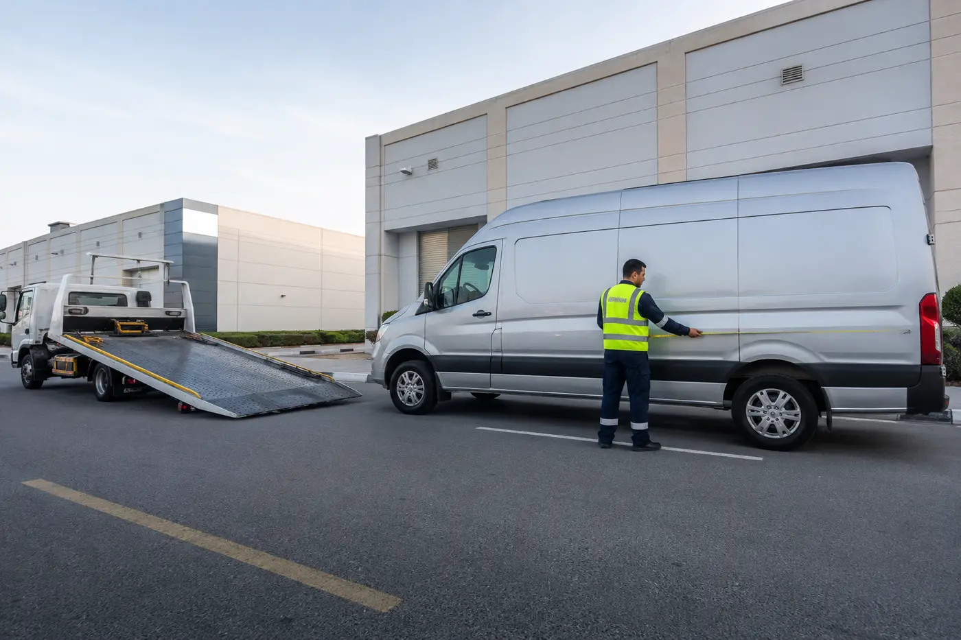 Recovery operator assessing a high-roof van before loading