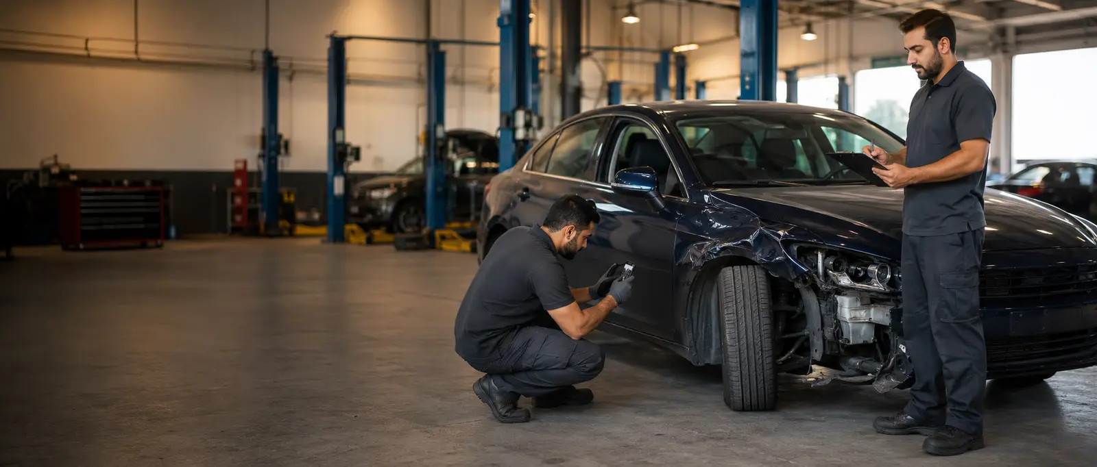 Recovery technicians document visible collision damage and wheel condition in a garage