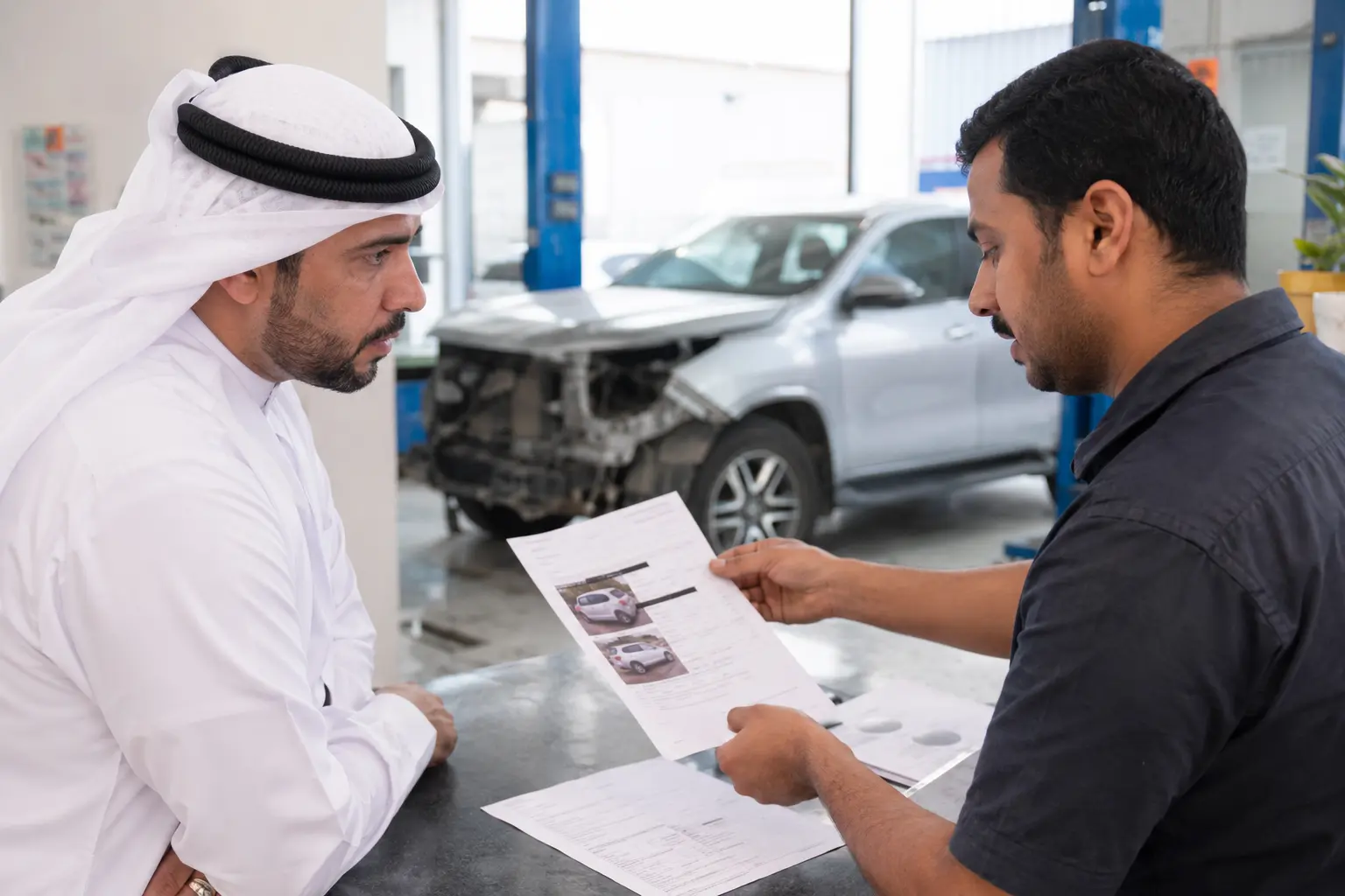 Customer and recovery coordinator review vehicle recovery paperwork in a workshop