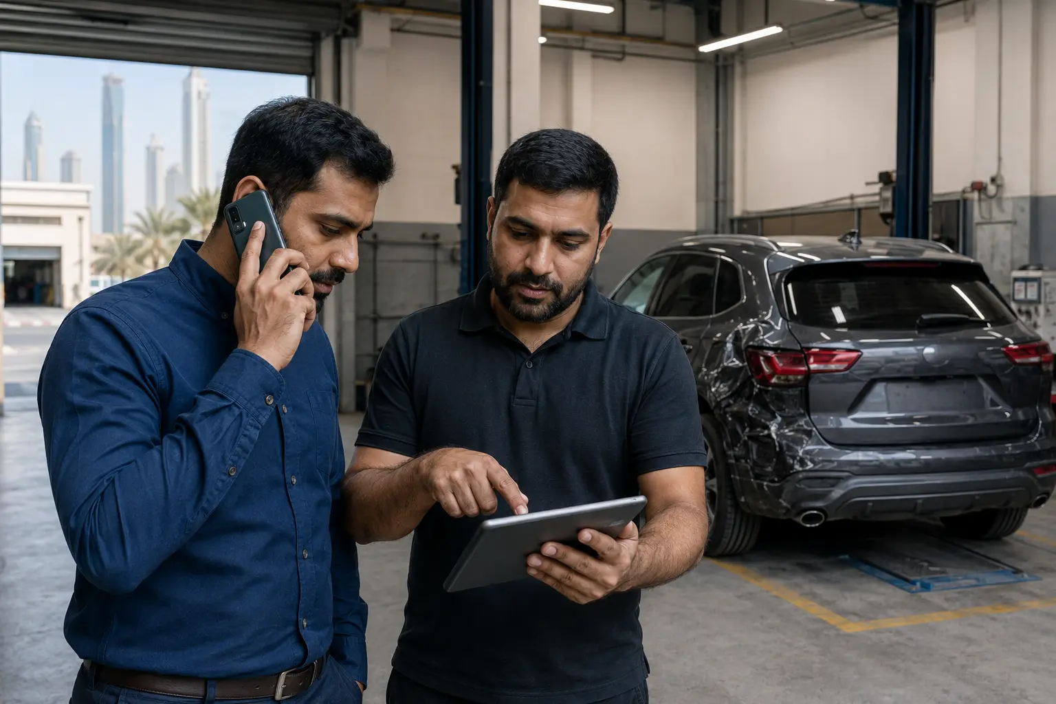 Customer confirms recovery destination instructions with a coordinator inside a garage