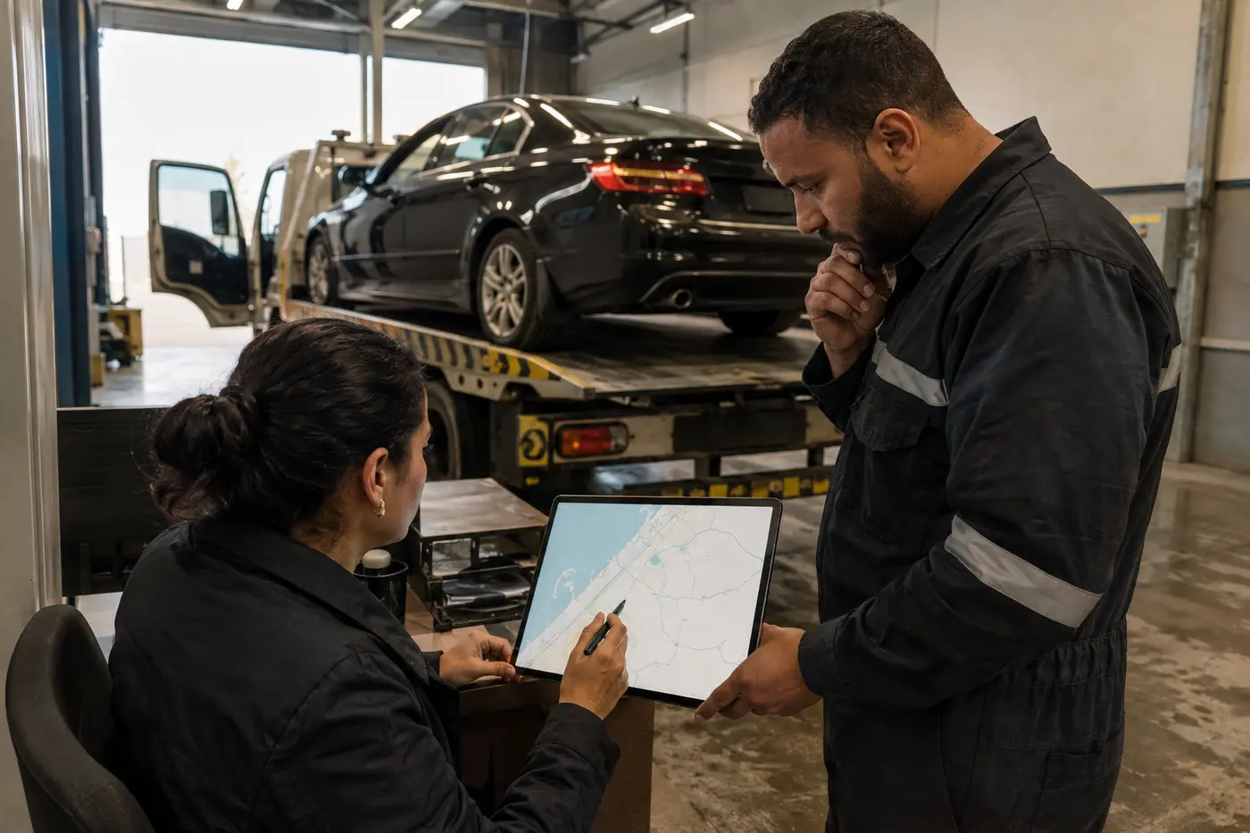 Dispatcher planning a UAE inter-emirate towing route inside a garage