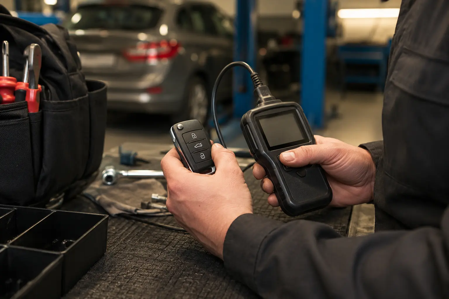 Technician checking an unbranded vehicle key fob inside a recovery garage
