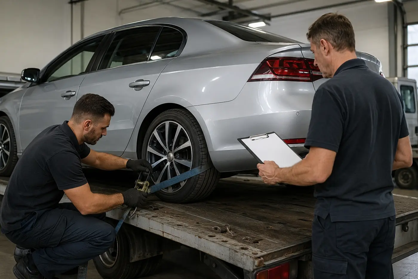 Technicians inspecting vehicle securement before long-distance transport