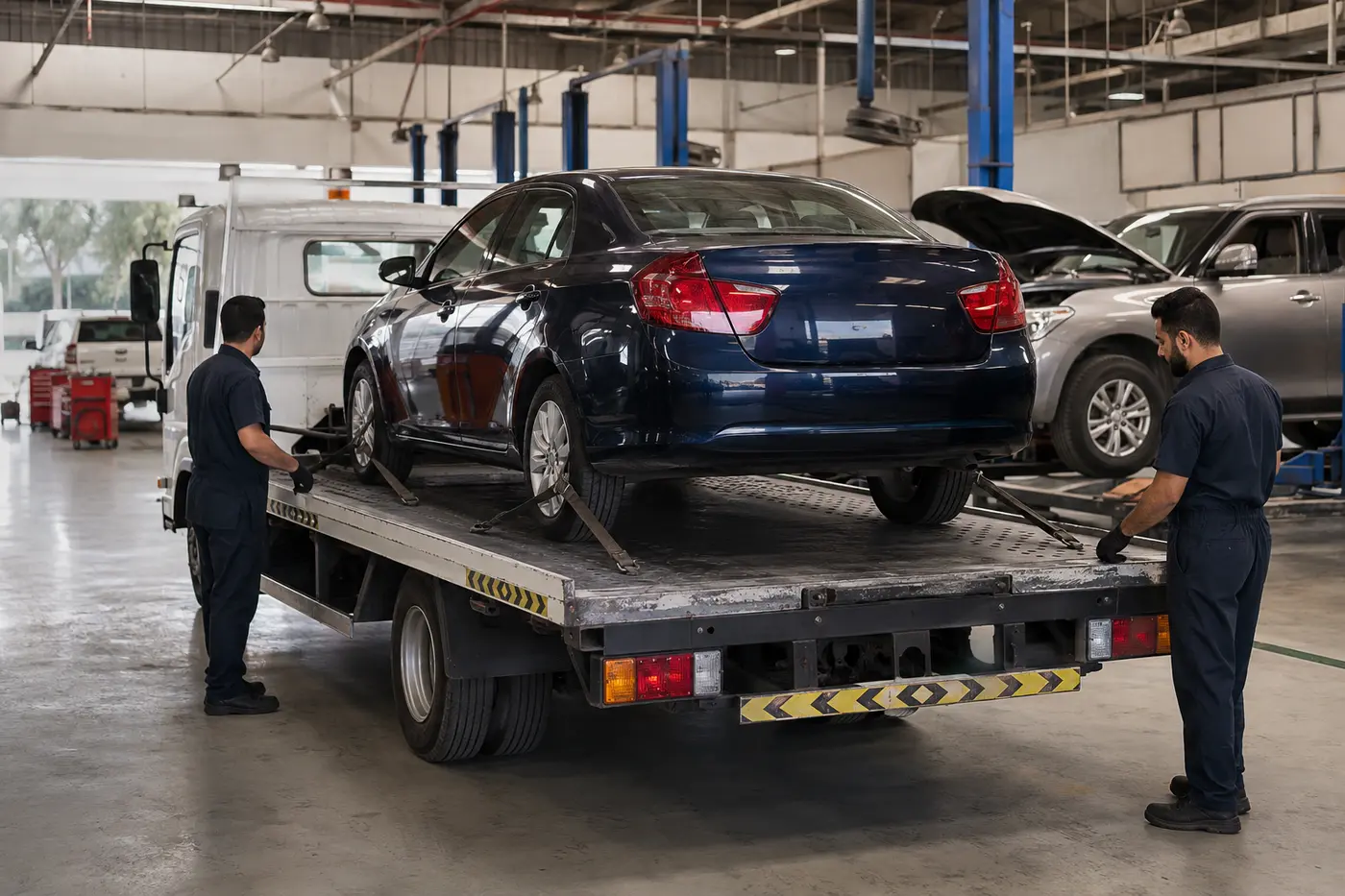 Technicians preparing a vehicle transporter for long-distance towing