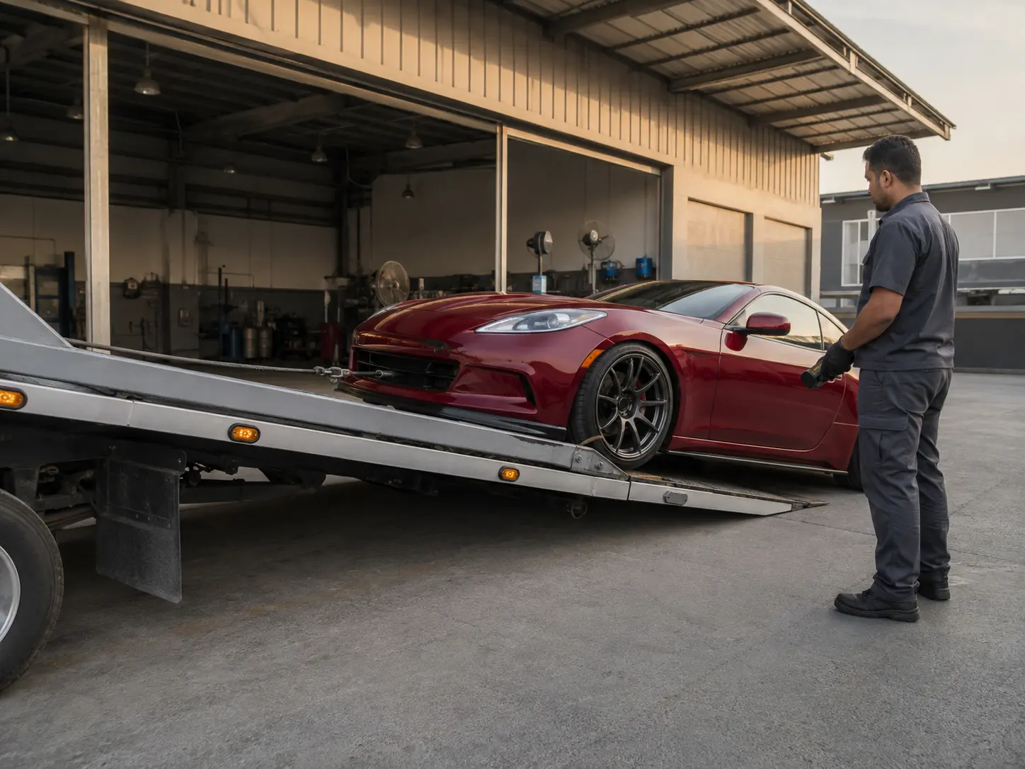 Low-clearance car being loaded carefully onto a flatbed