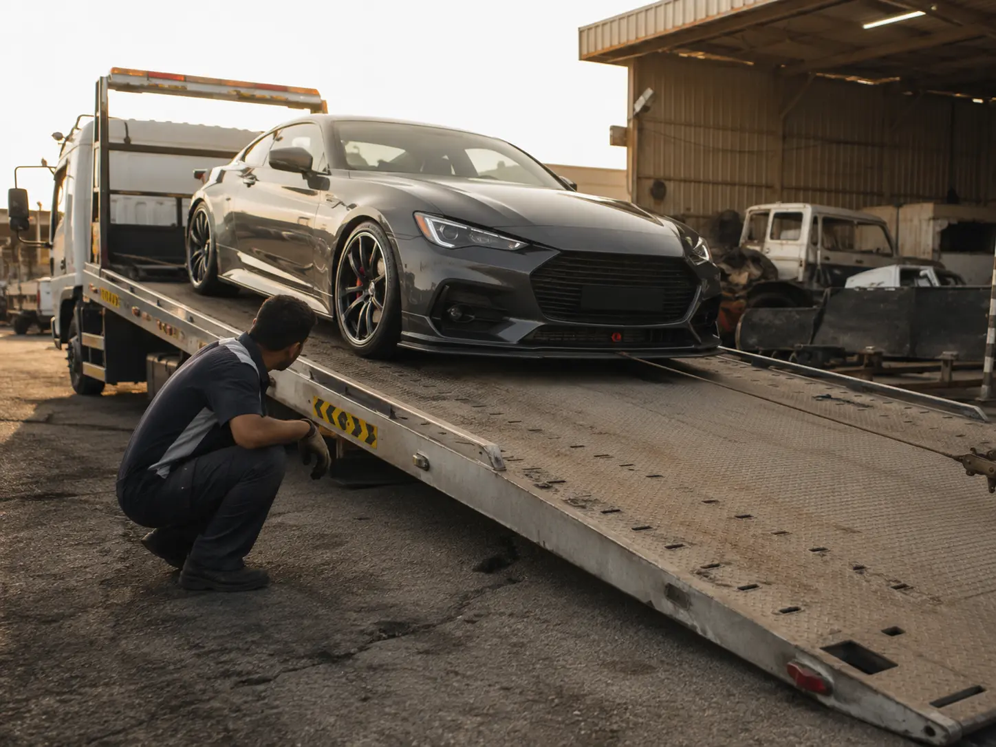 Technician checking ramp clearance while a low sports car is loaded onto a flatbed