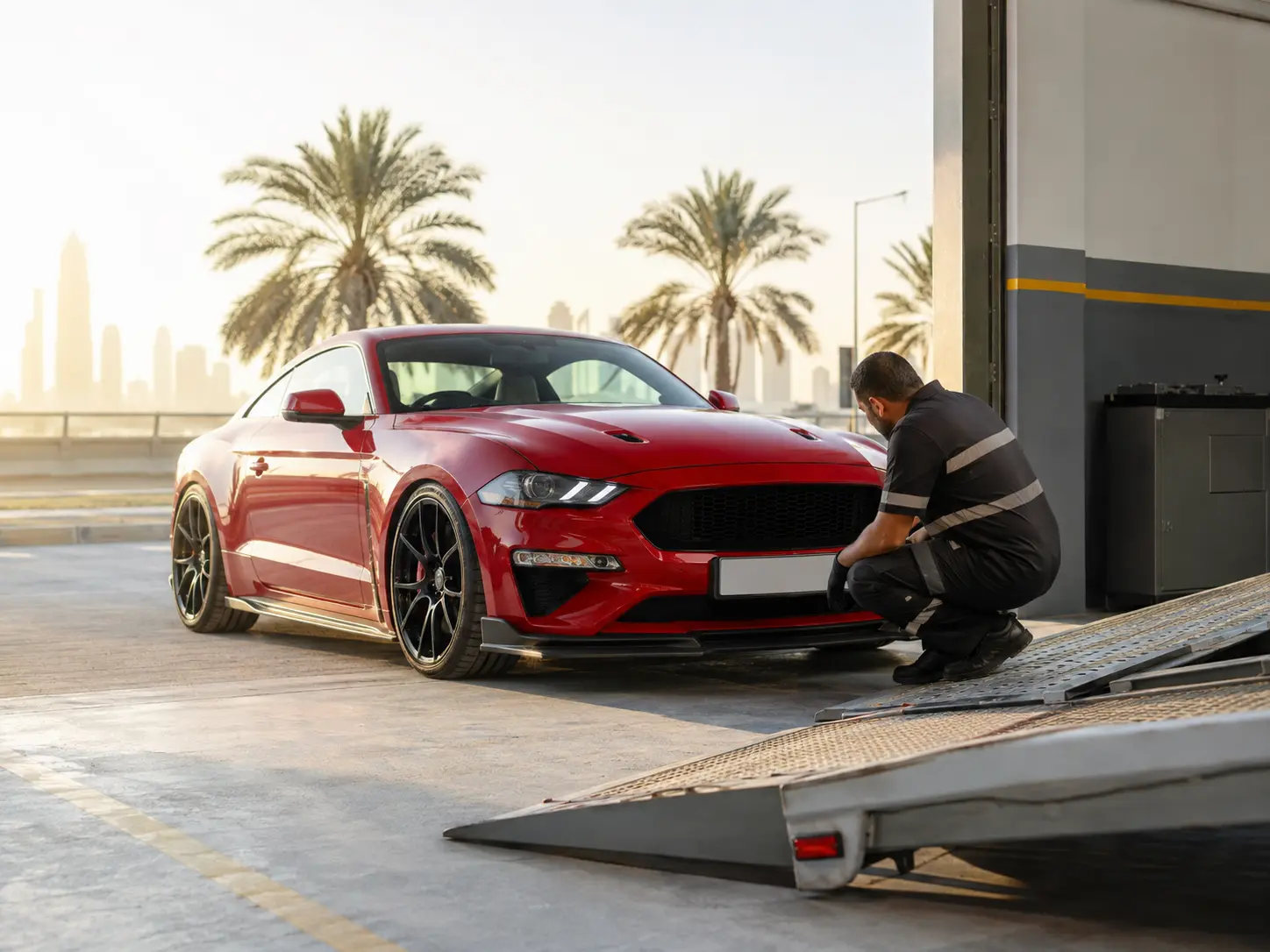 Operator checking the loading approach for a low-clearance performance car