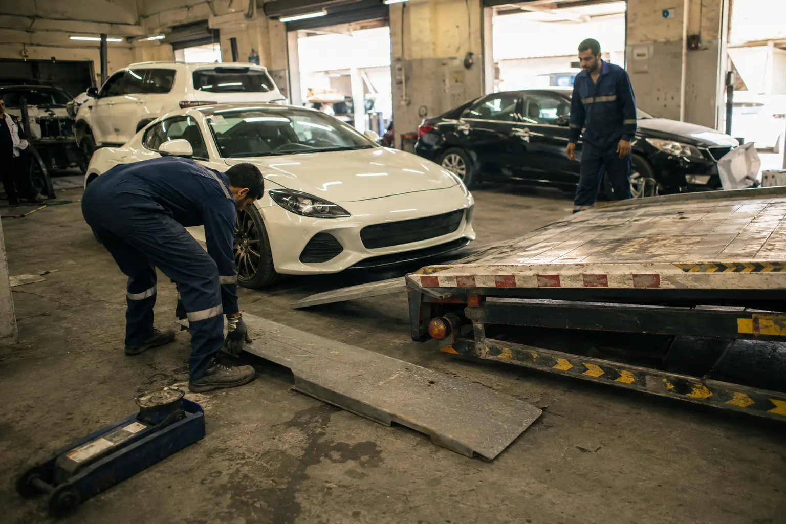 Mechanics positioning ramp extensions for a low-clearance car in a recovery workshop