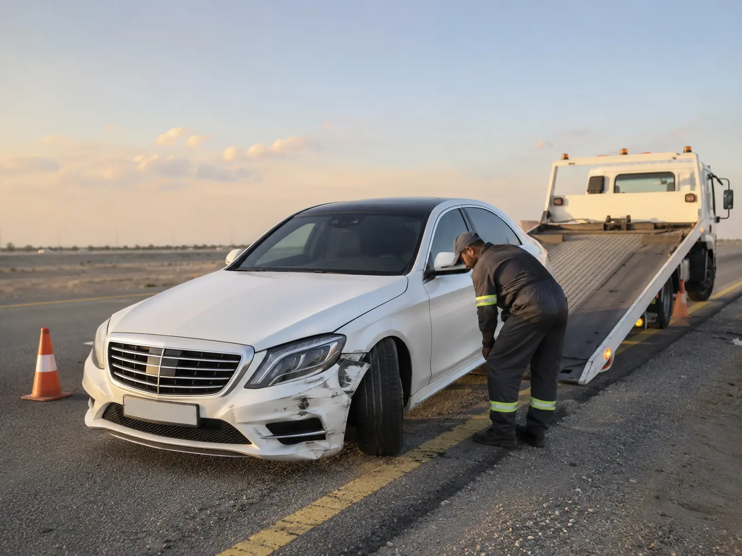 Operator assessing wheel and bumper damage before luxury accident recovery