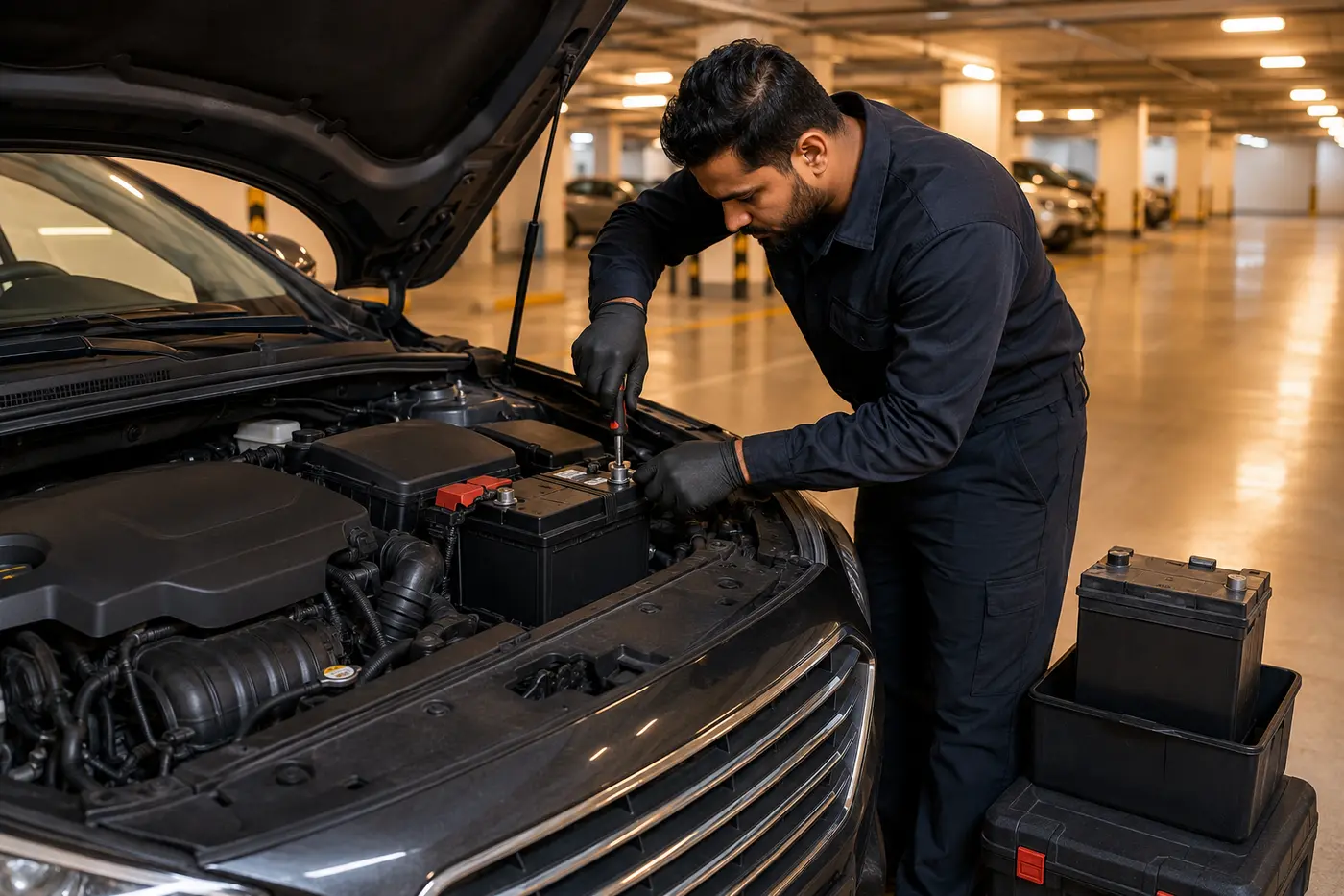 Mobile technician securely installing a replacement car battery in Dubai