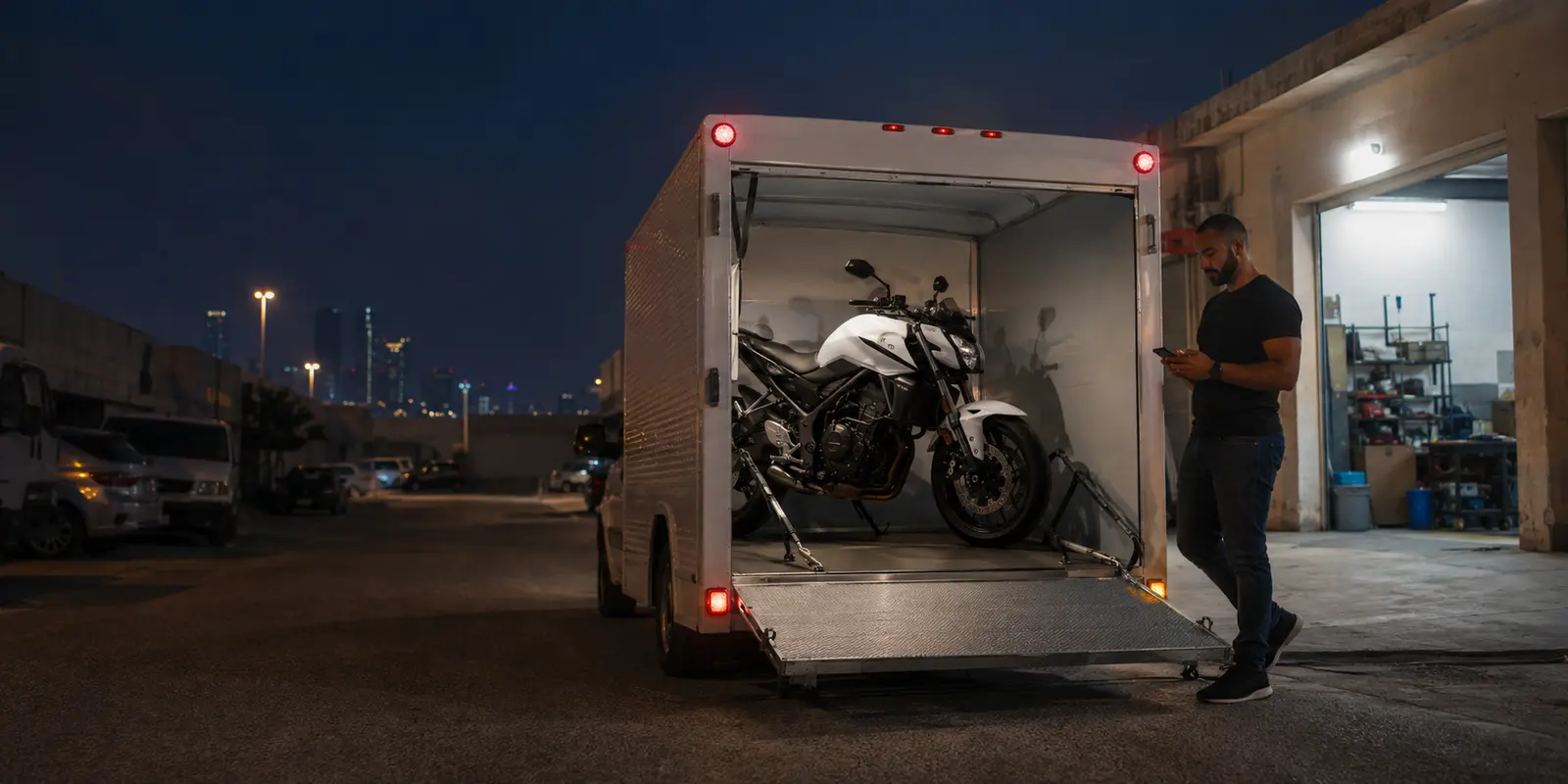Motorcycle recovery team preparing for a night dispatch in Dubai