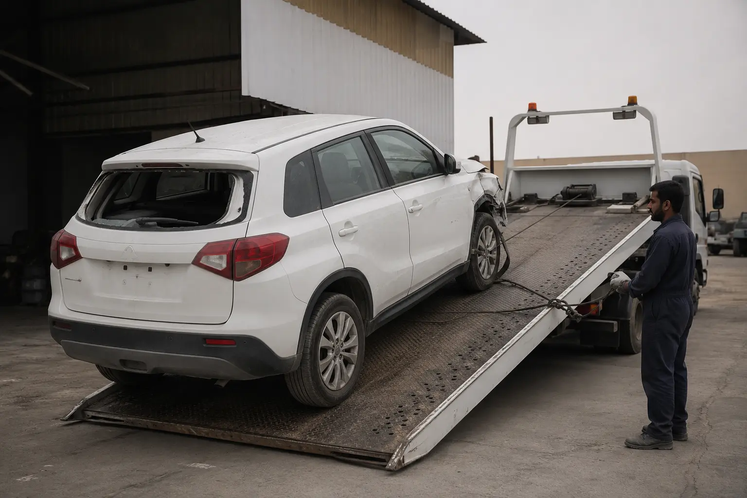 Non-running auction vehicle being winched onto a flatbed in a recovery yard