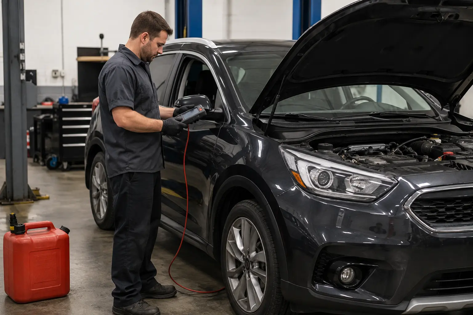 Technician checking a vehicle that did not restart after emergency fuel delivery