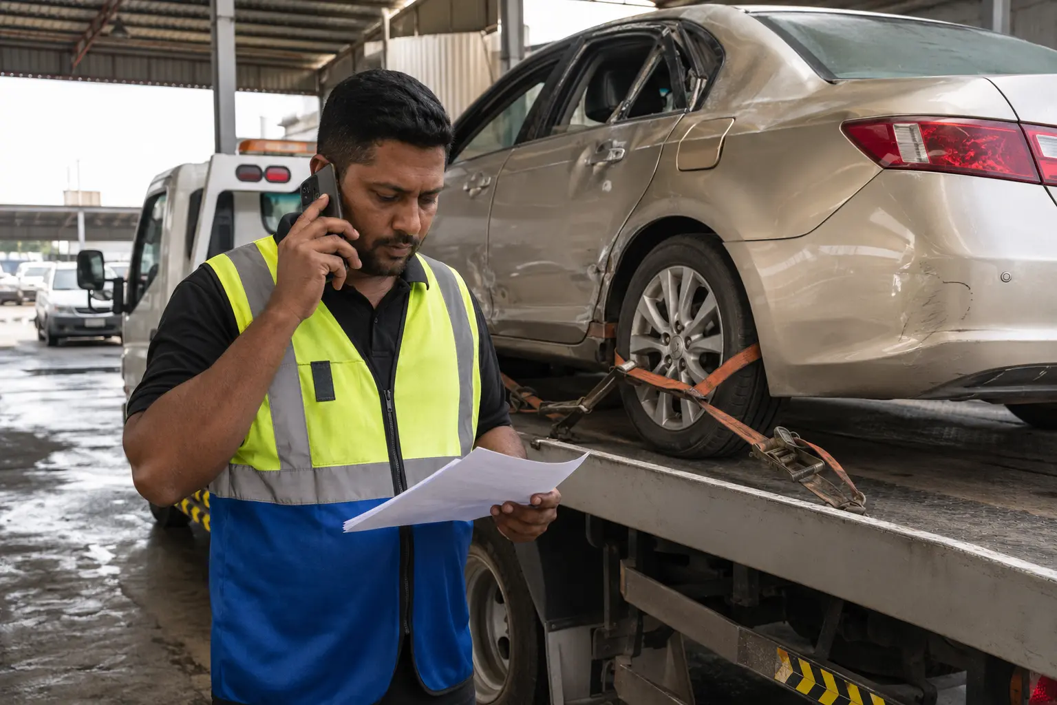 Recovery coordinator checks destination paperwork beside a secured damaged vehicle