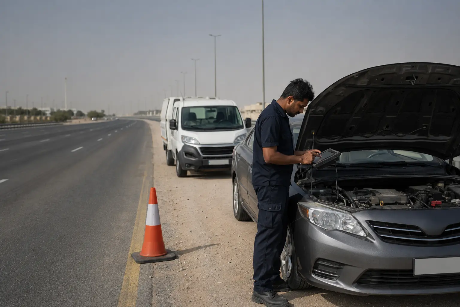Roadside assistance technician assessing a disabled car in Dubai