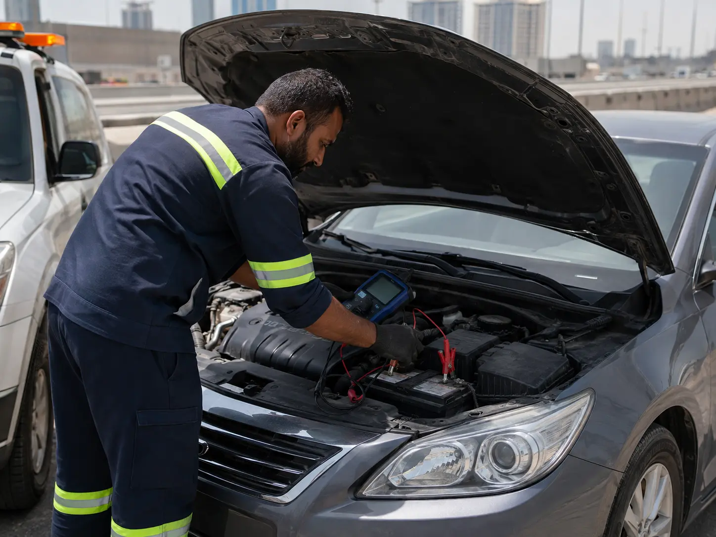 Technician testing a non-starting car battery at a safe Dubai roadside location