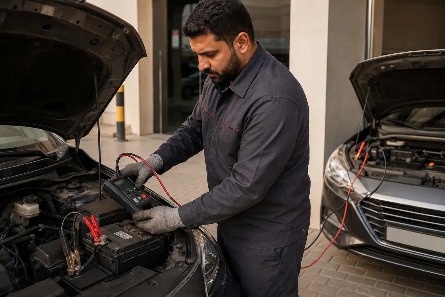 Technician testing a car battery during roadside assistance in Dubai