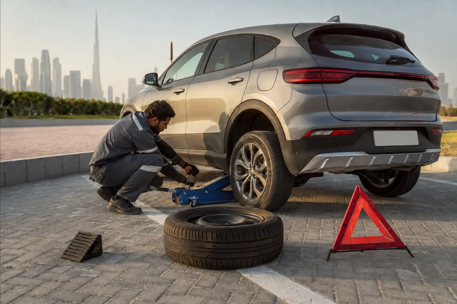 Technician providing safe flat tyre assistance in Dubai