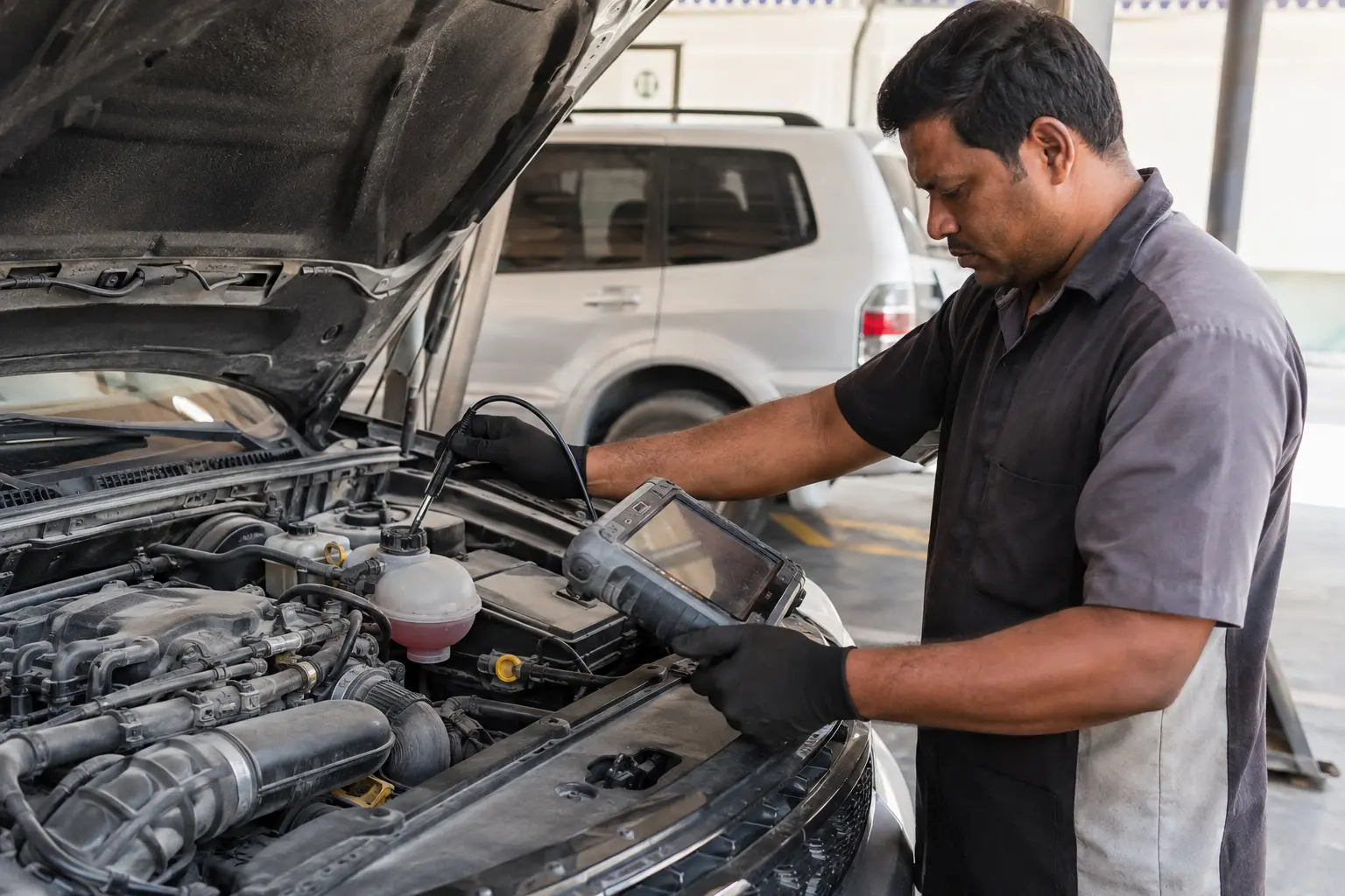 Technician diagnosing a warning light and overheating concern