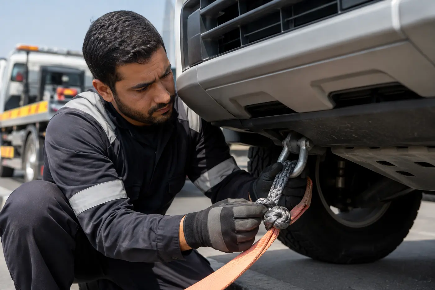 Technician connecting recovery rigging to a rated SUV recovery point