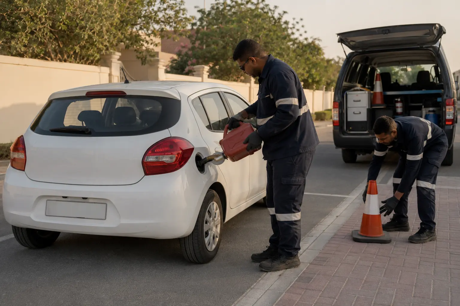 Technicians completing controlled emergency refuelling in a safe Dubai parking area
