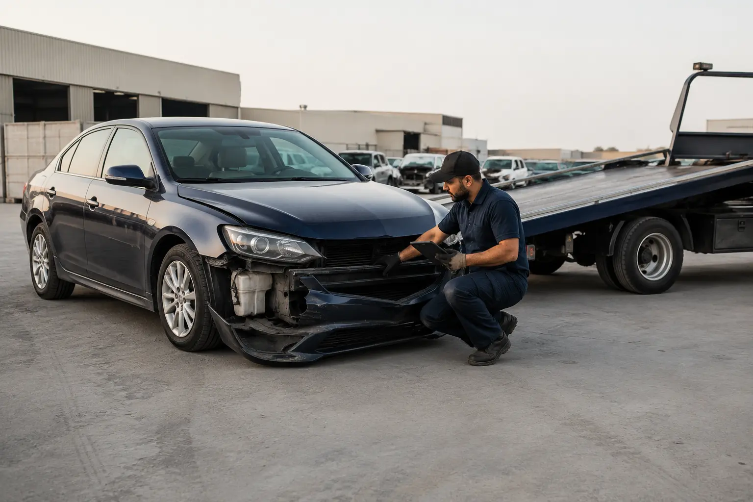 Recovery operator assessing a damaged auction vehicle beside a flatbed in Dubai