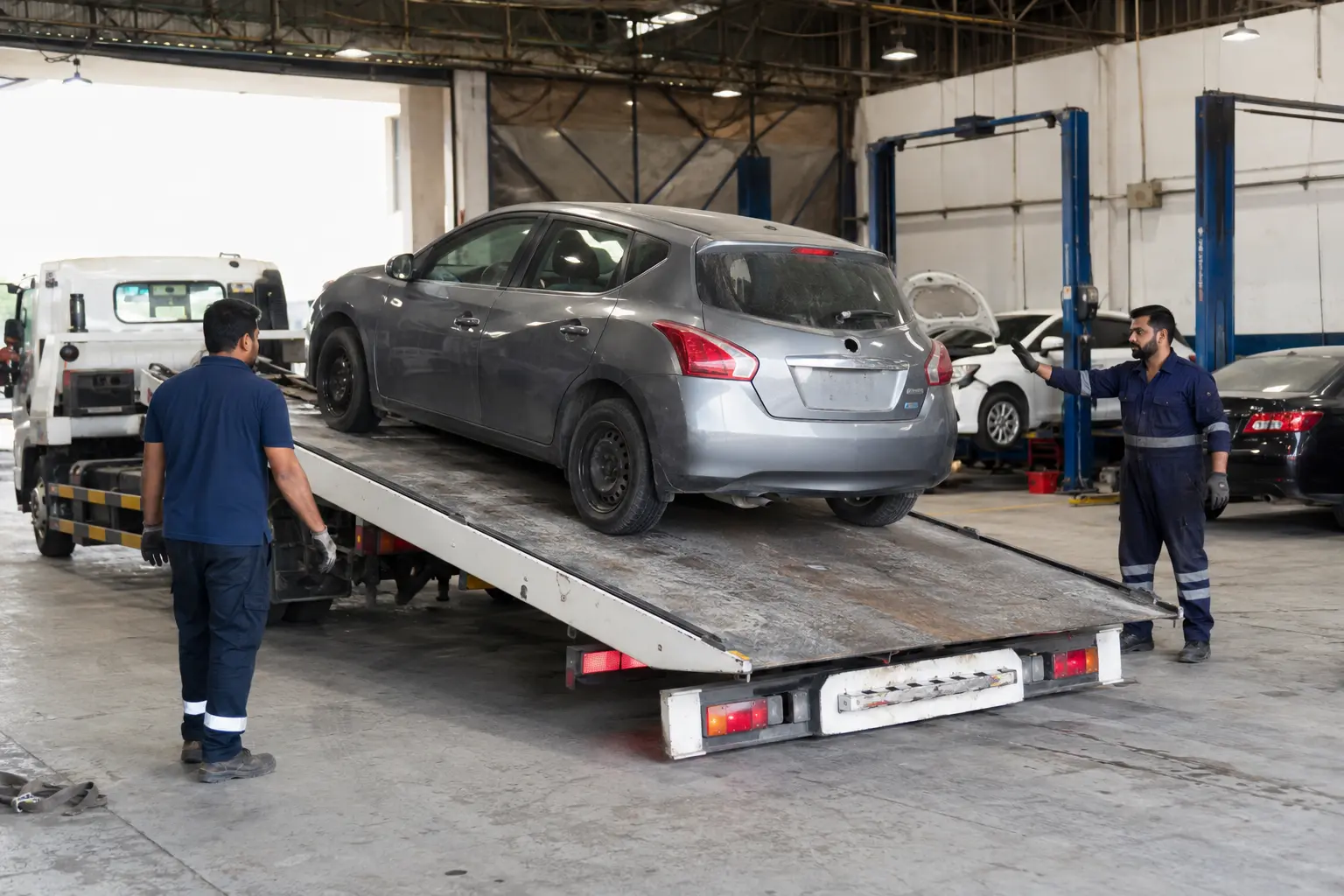 Workshop team coordinating a salvage vehicle arrival on a flatbed in Dubai