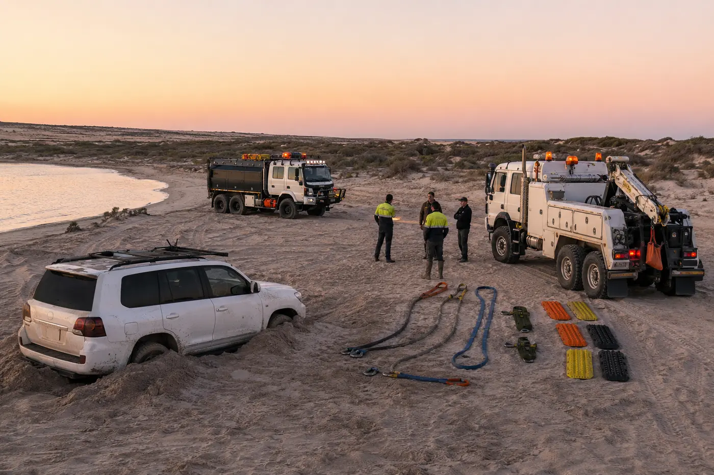 Two recovery trucks positioned while technicians plan a difficult sand extraction