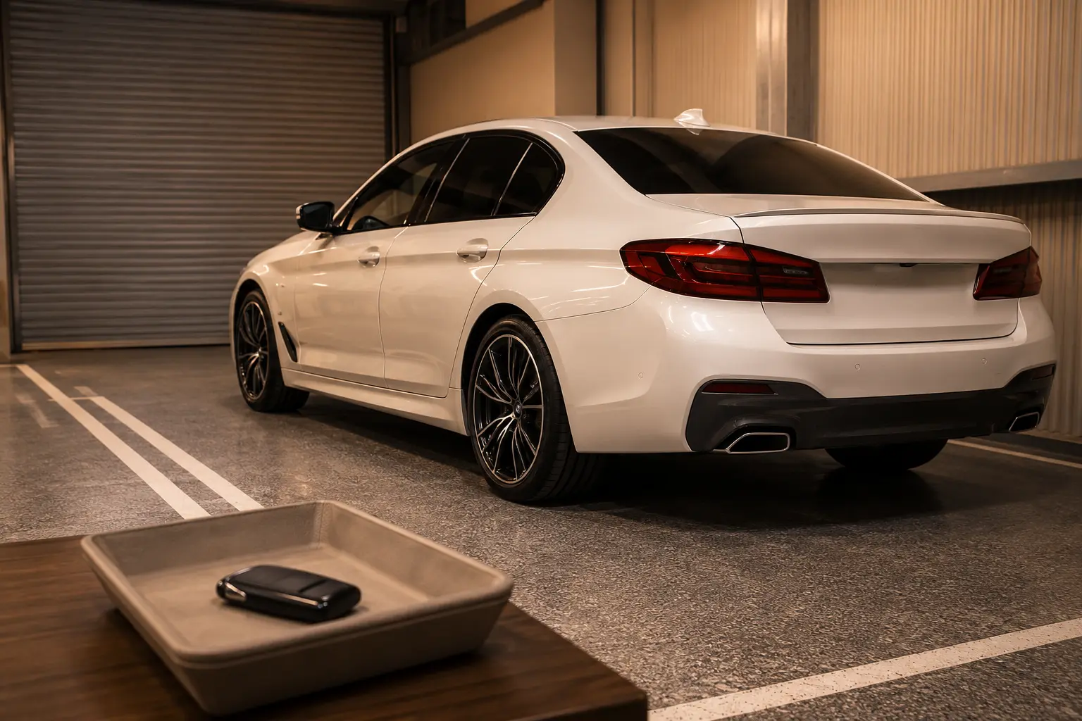 White luxury sedan prepared inside a vehicle storage bay in Dubai