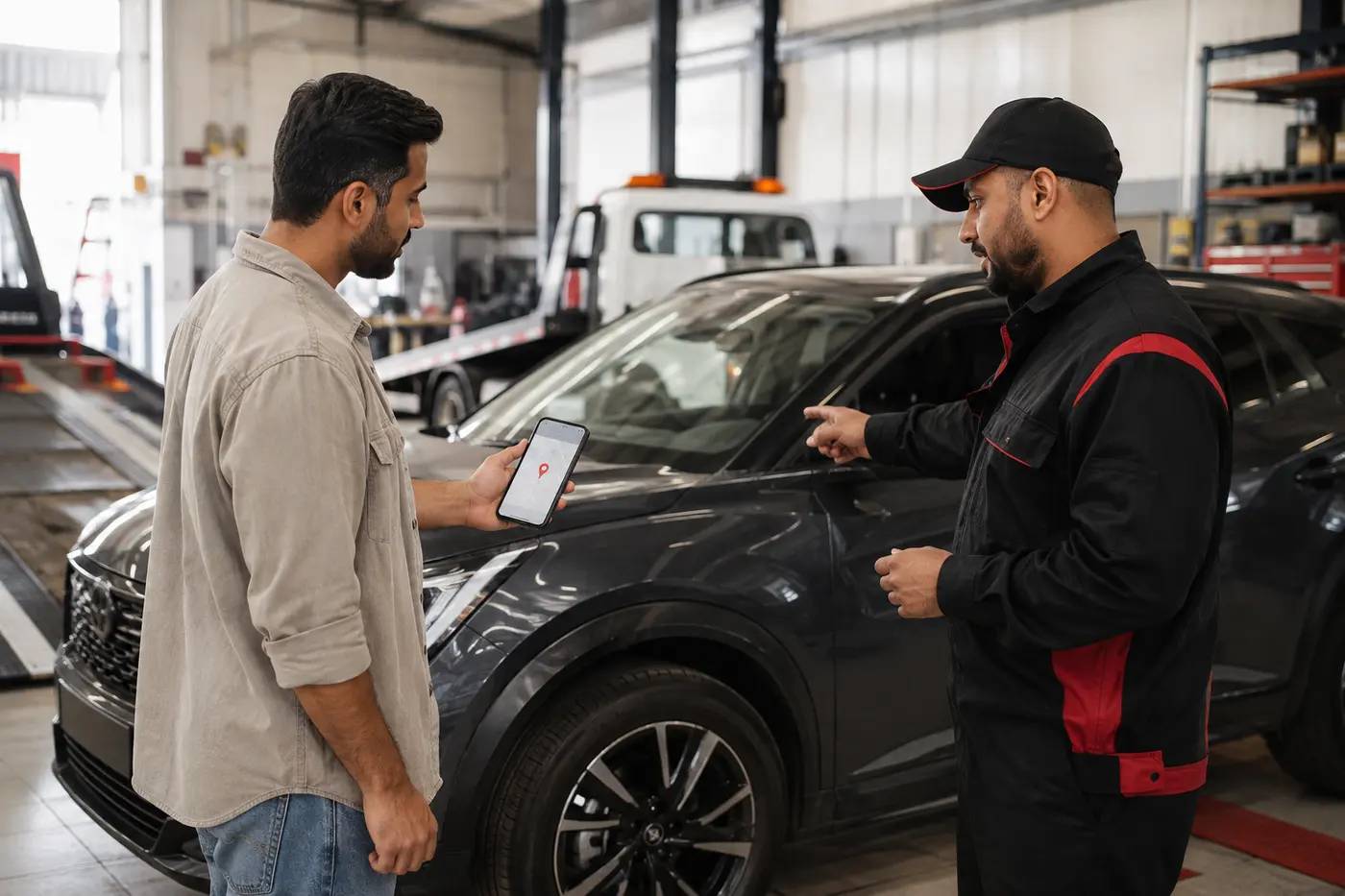 Driver sharing a Dubai location pin with a car recovery dispatcher beside a vehicle