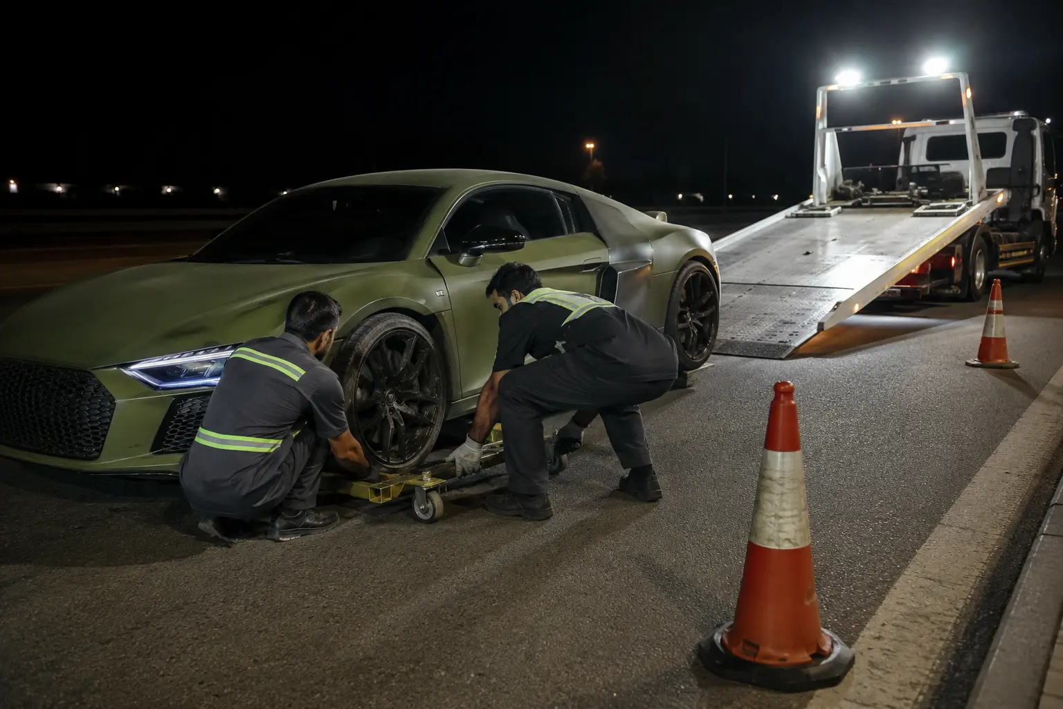 Technician preparing a sports car with a damaged front wheel for controlled recovery
