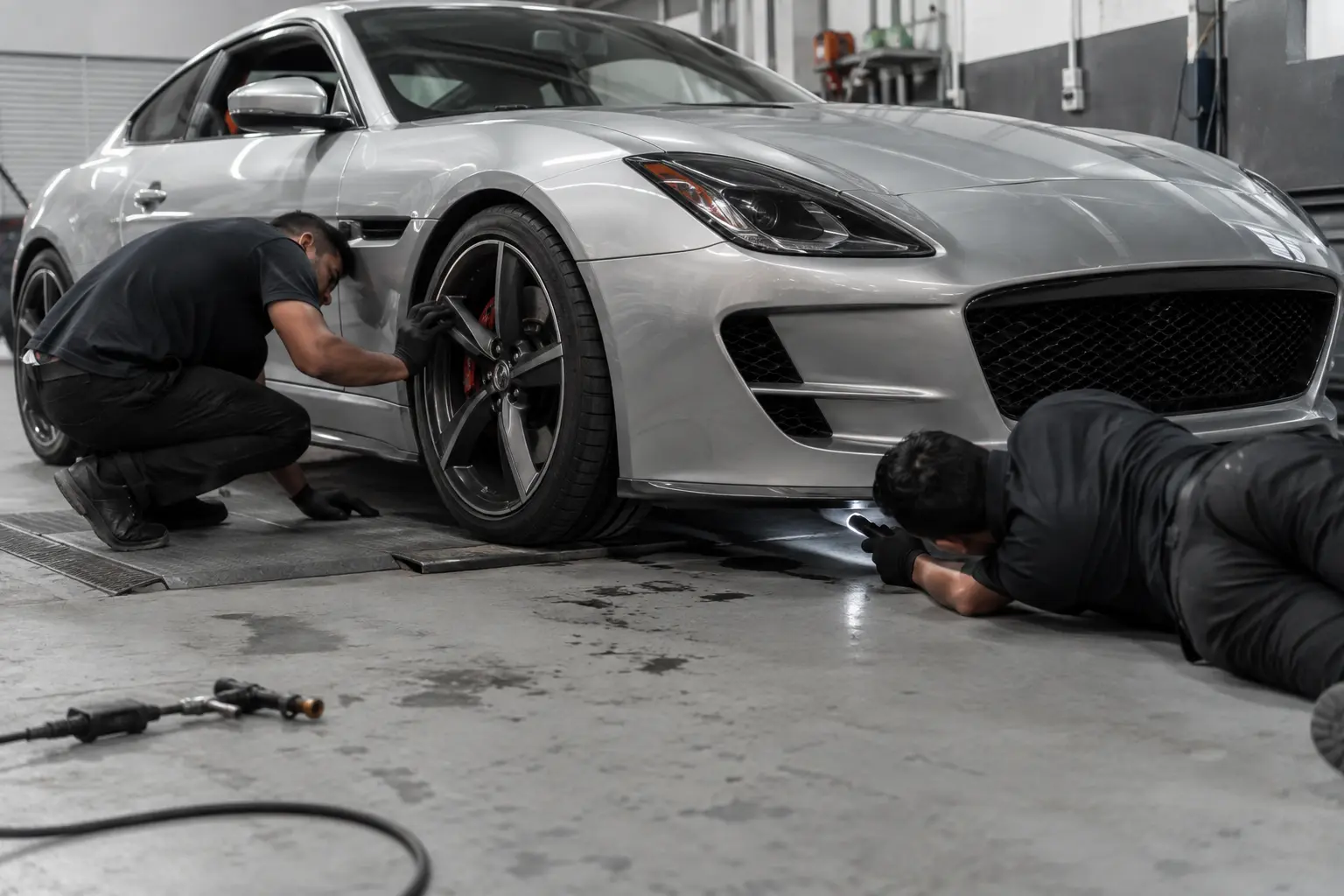 Technicians assessing a sports car wheel and access photos inside a garage