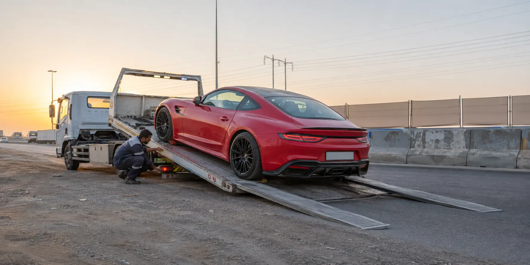 Technician checking splitter clearance while a sports car is loaded onto a flatbed