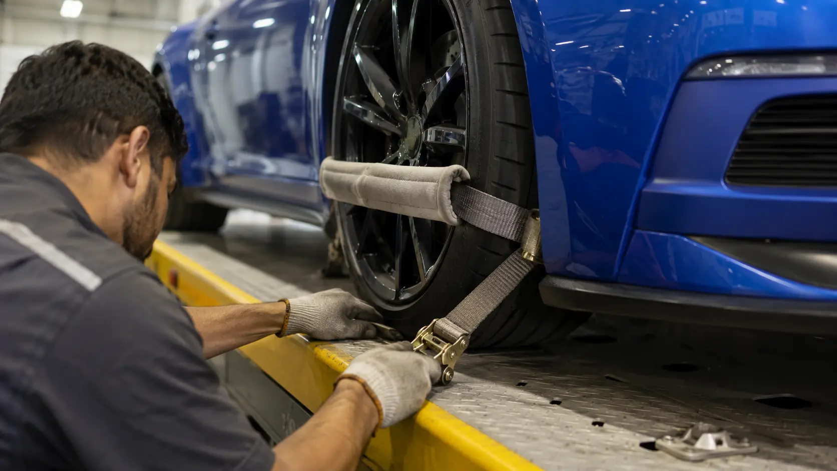 Technician securing a sports car wheel with a soft restraint on a flatbed
