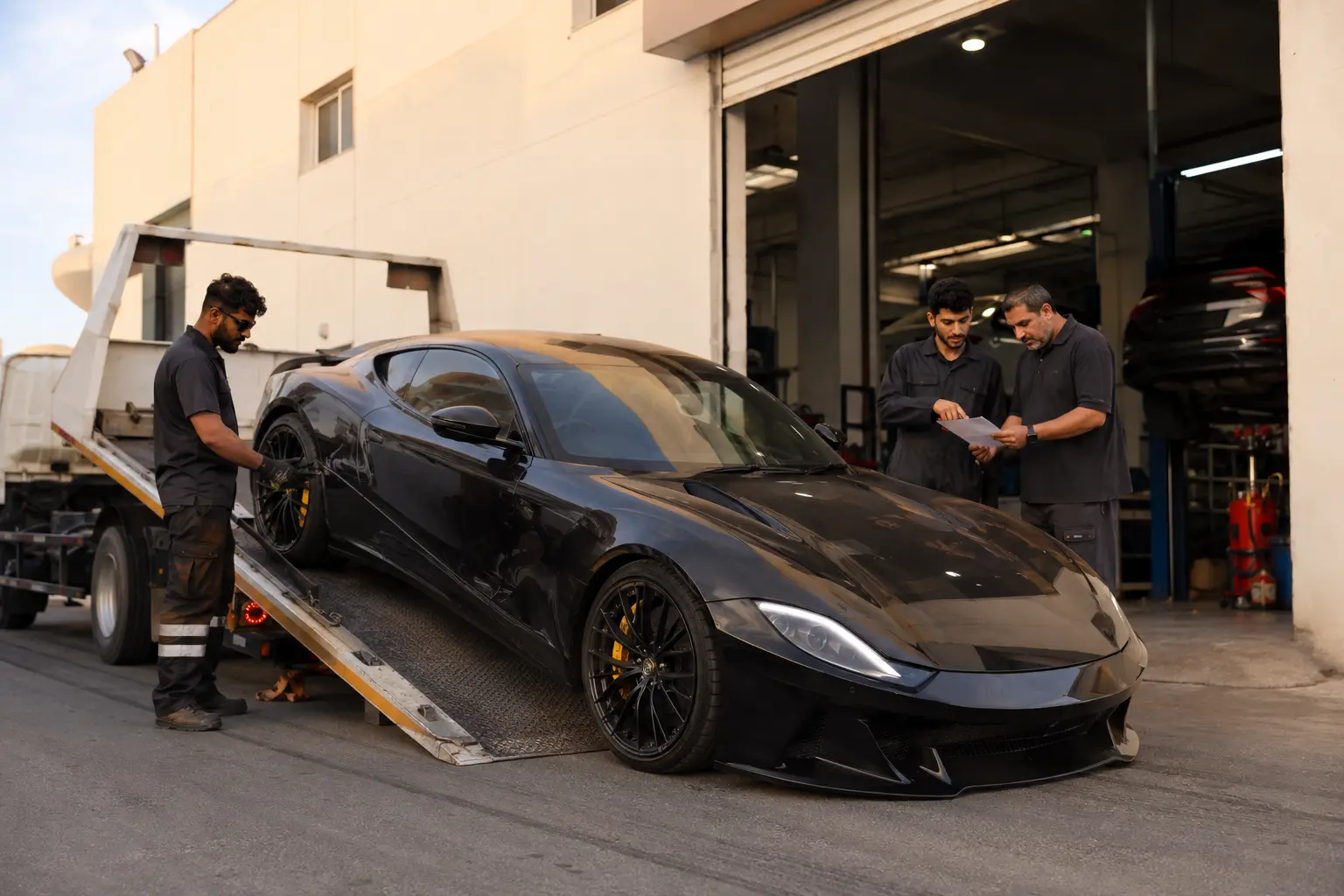 Recovery technician and workshop receiver inspecting a sports car at handover