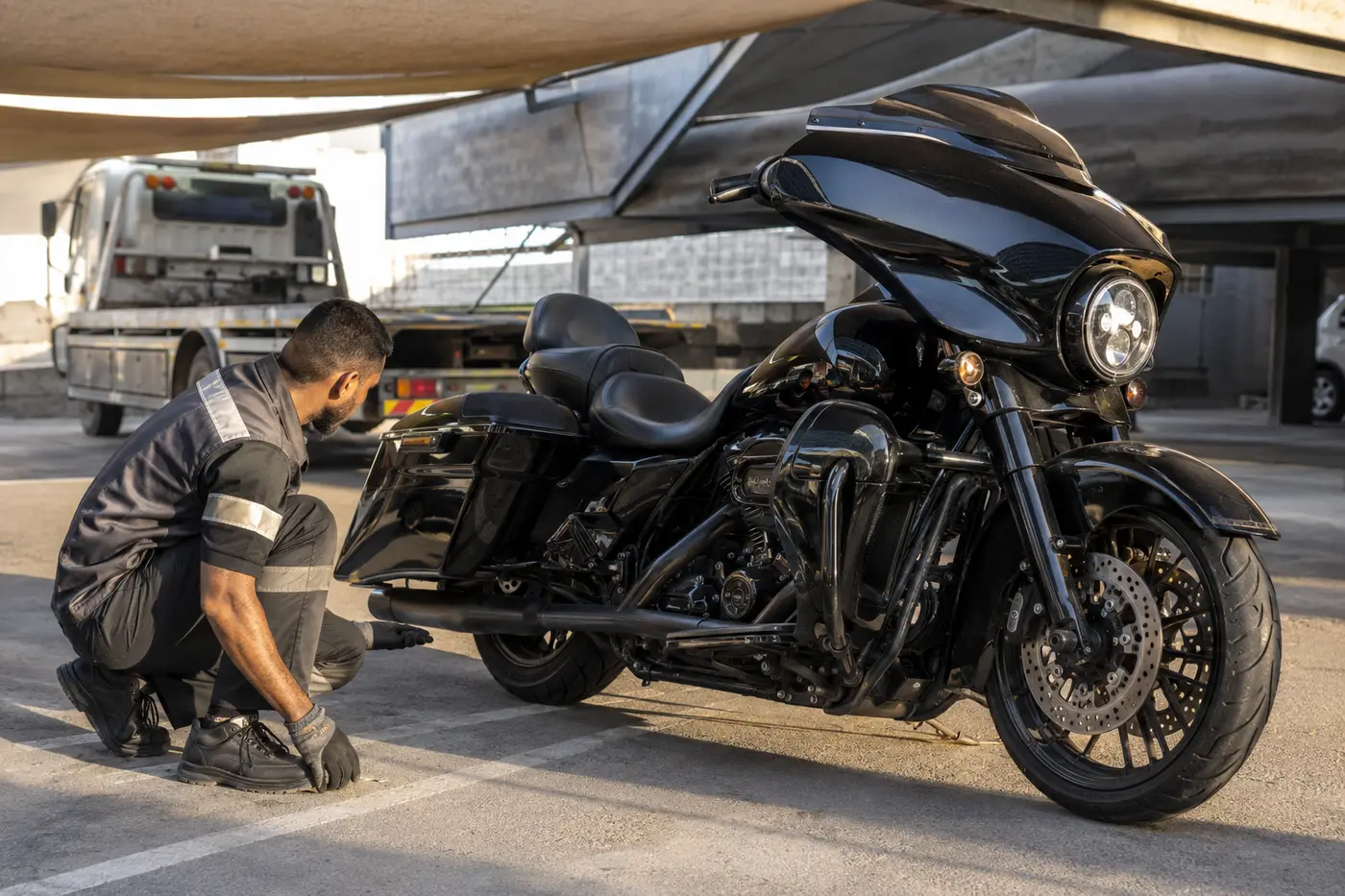 Operator assessing a heavy touring motorcycle before recovery