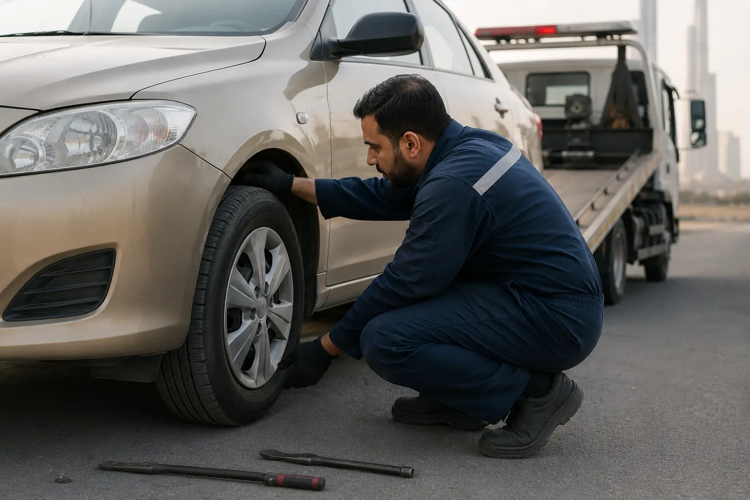 Towing technicians checking wheel clearance and steering before loading a car