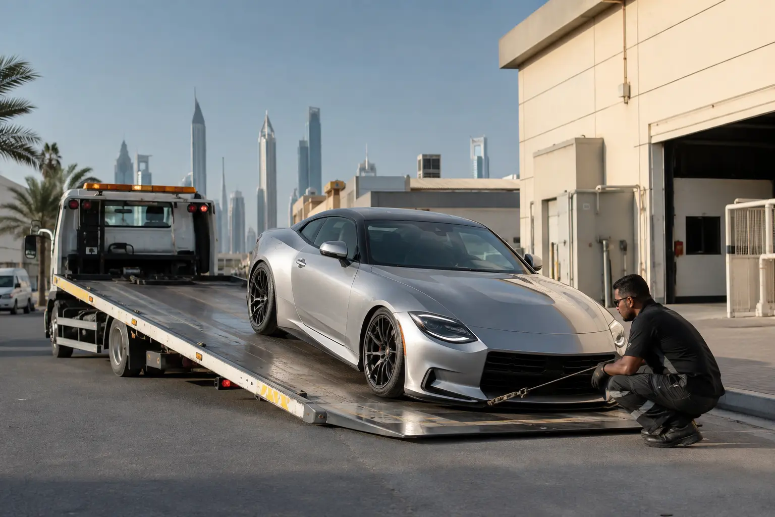 Technicians preparing a low-clearance car for careful flatbed loading
