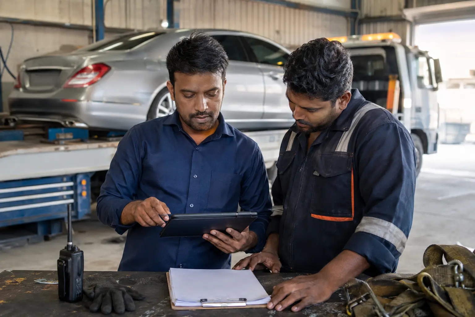 Recovery dispatcher and driver reviewing vehicle transport details in a garage