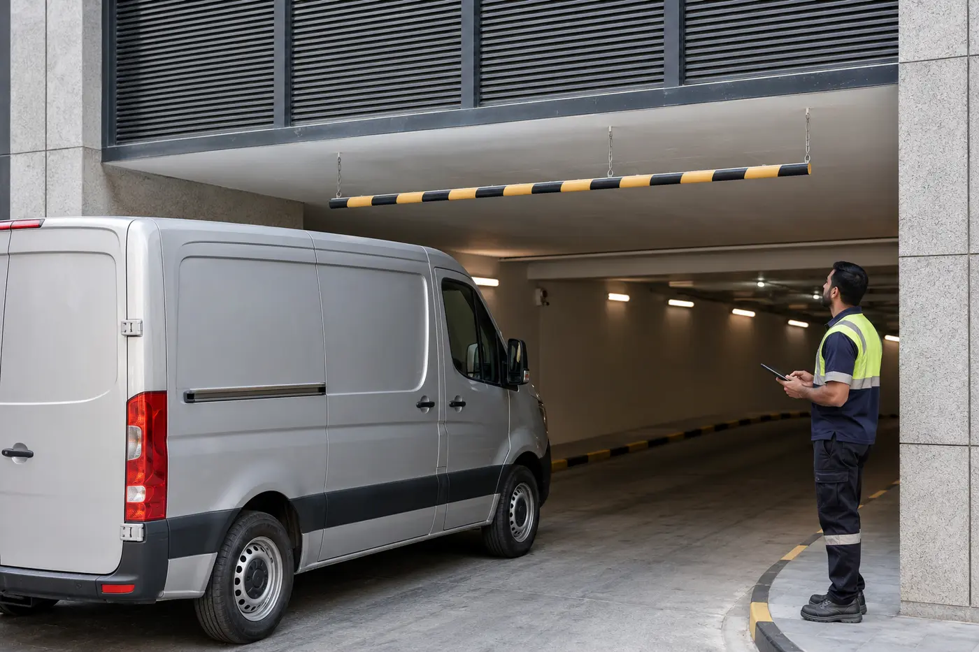 Operator checking access for long-wheelbase van recovery