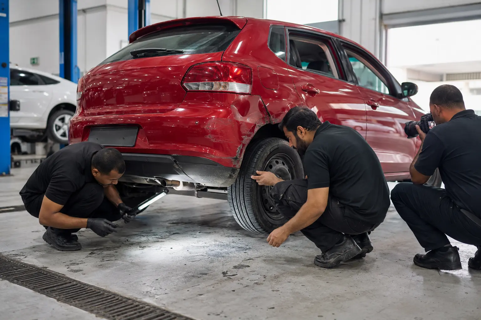Technicians inspect and photograph wheel and underbody damage in a workshop