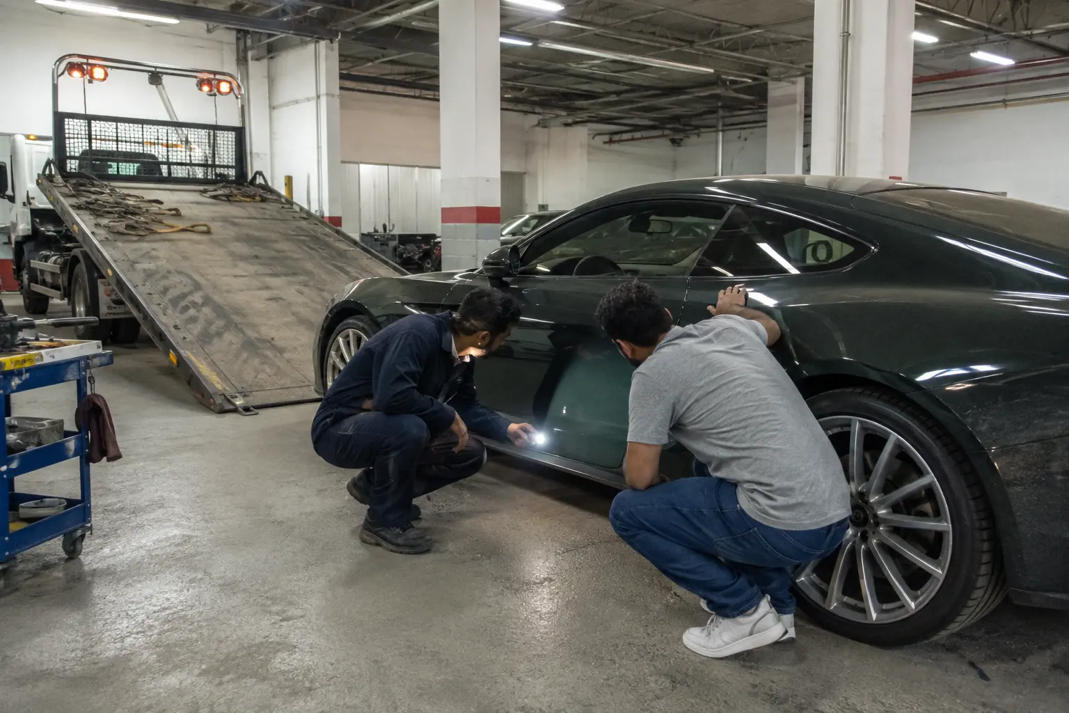 Technician and customer checking a luxury car body panel after transport delivery