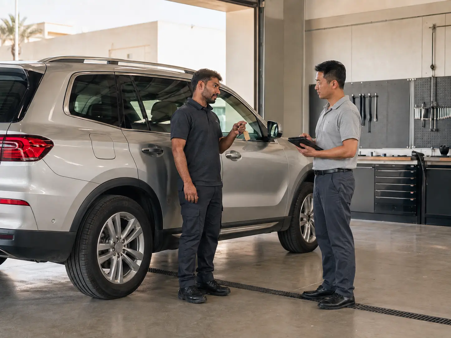 Recovery operator completing a vehicle handover at a Dubai workshop