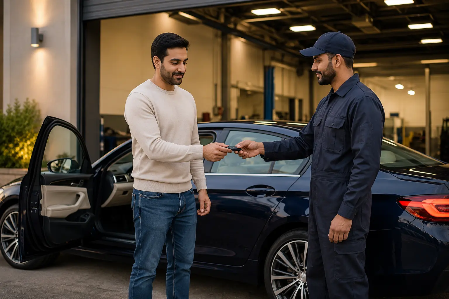 Vehicle owner receiving a key after lockout assistance at a Dubai garage