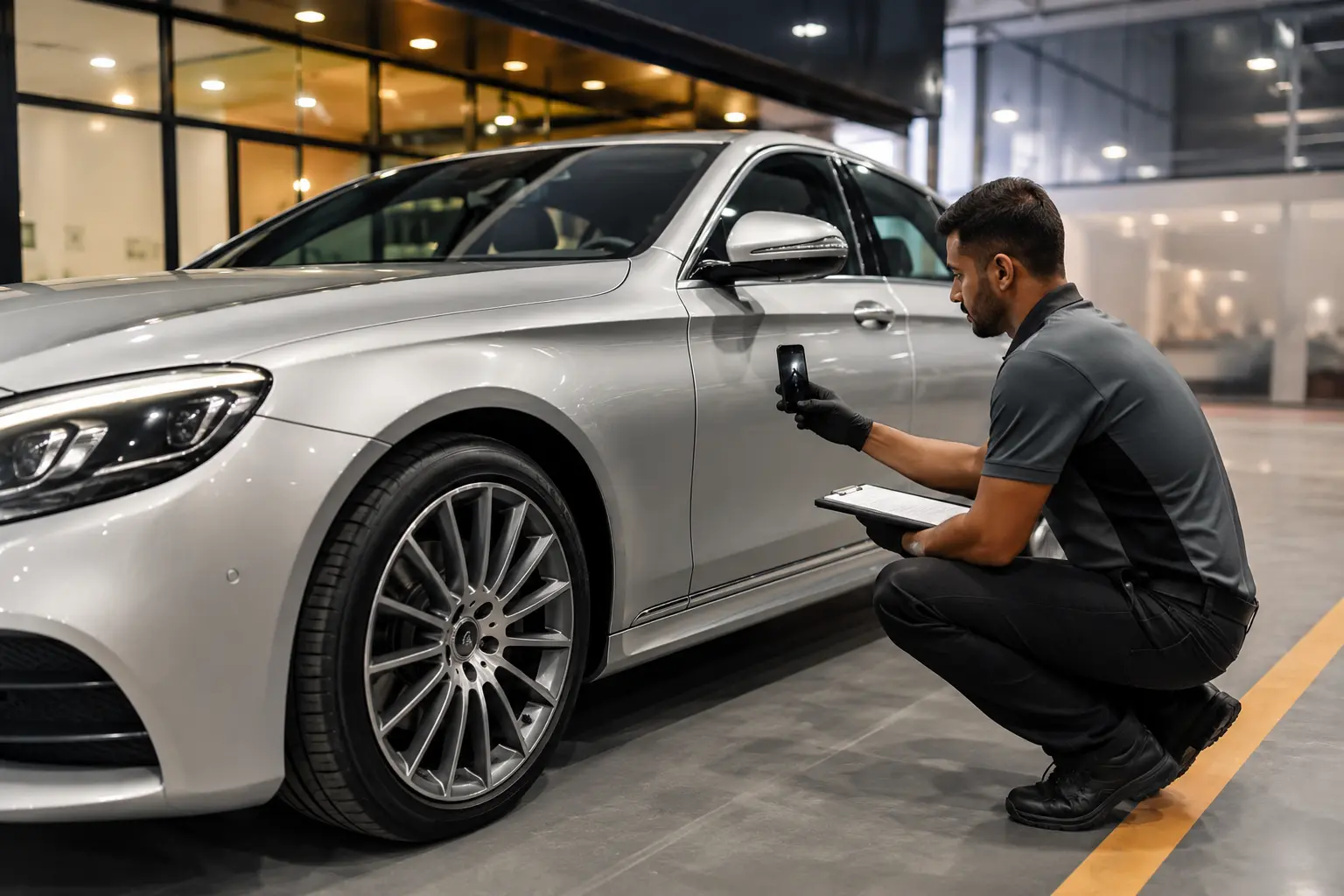 Technician documenting a sedan condition before vehicle storage in Dubai