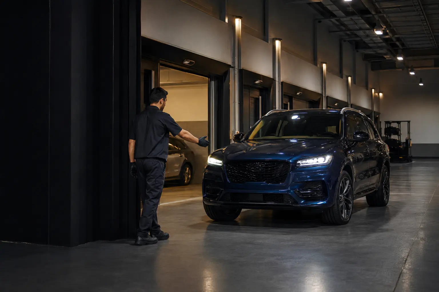 Luxury SUV entering an indoor vehicle storage facility in Dubai