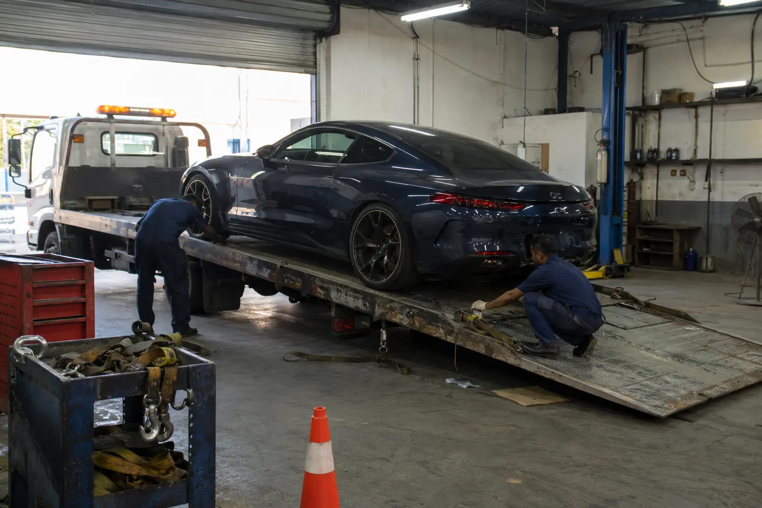 Technicians preparing a luxury coupe on a flatbed inside a working Dubai recovery garage