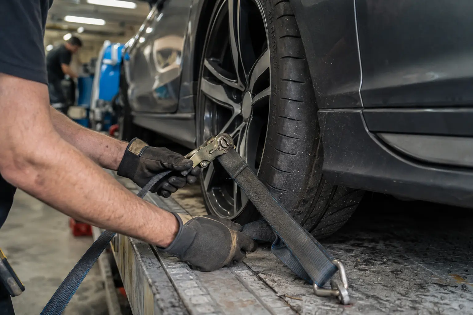 Mechanic securing a performance car wheel with a transport restraint on a flatbed