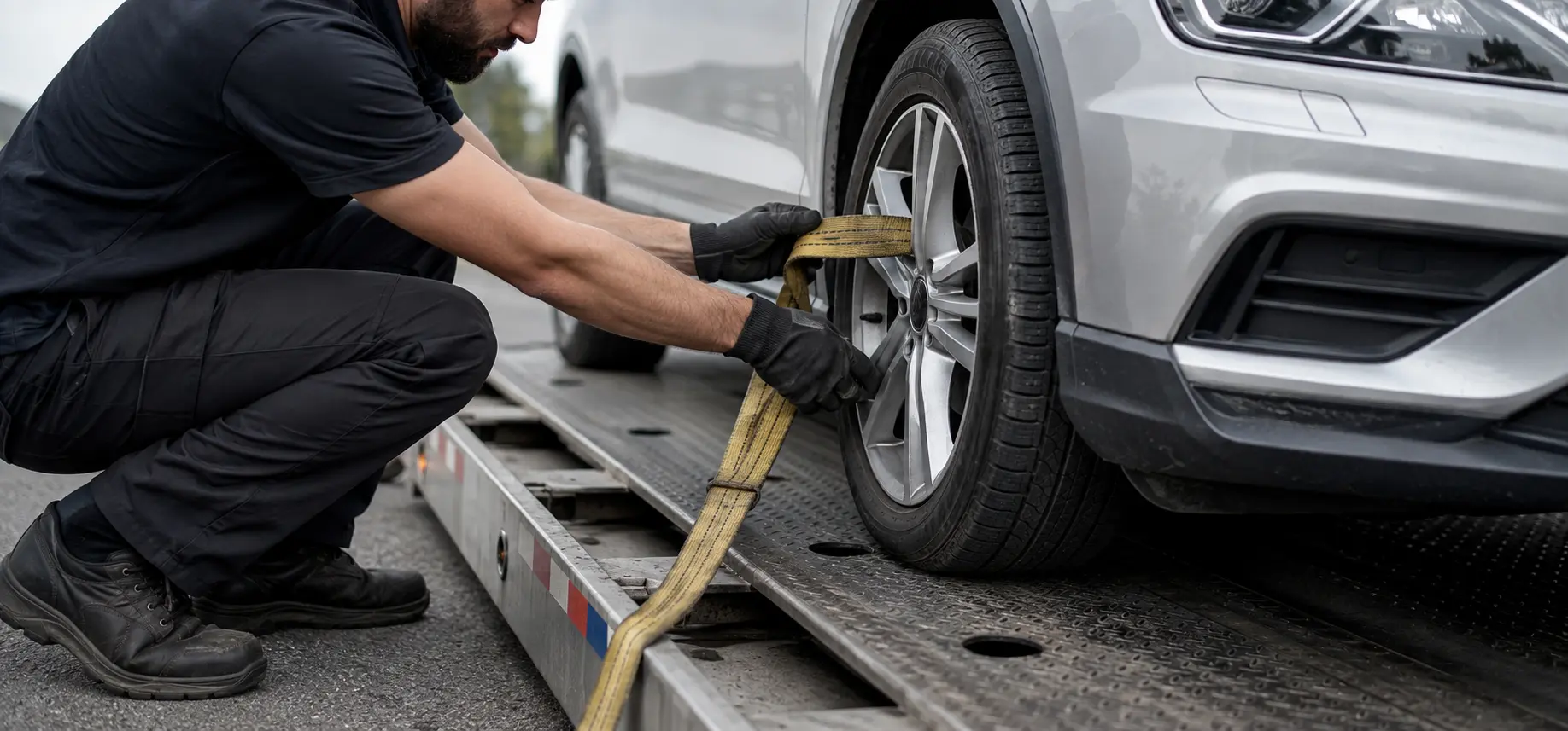 Operator preparing wheel alignment and securement on a flatbed