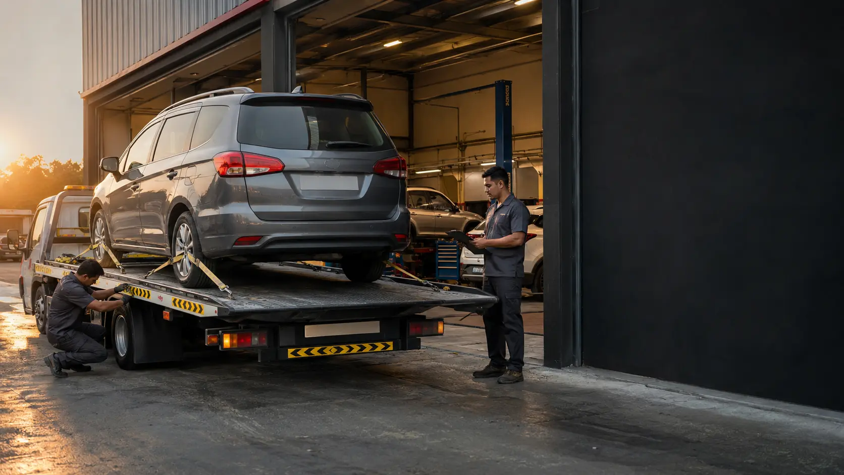Recovery team completing a secured vehicle handover at a Dubai workshop